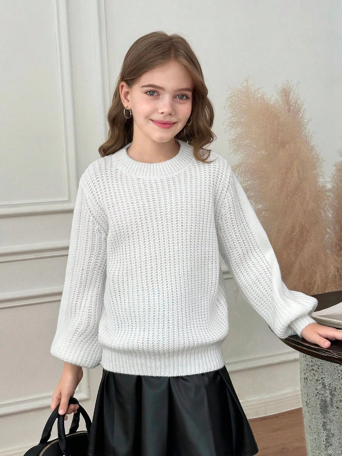 Tween Girl Casual Solid White Color Round Neck Long Sleeve Knitted Sweater, Autumn/Winter, Chic Insulation Knit For Tween Girl Textured Sweaters Knitwear