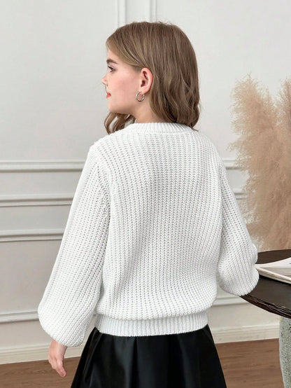 Tween Girl Casual Solid White Color Round Neck Long Sleeve Knitted Sweater, Autumn/Winter, Chic Insulation Knit For Tween Girl Textured Sweaters Knitwear