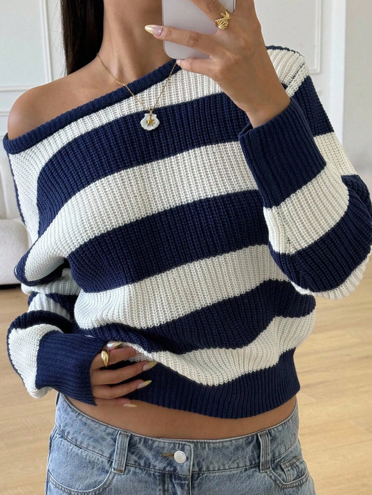 Tween Girl Casual Striped Colorblock Off Shoulder Loose Batwing Long Sleeve Sweater, Autumn/Winter Fall