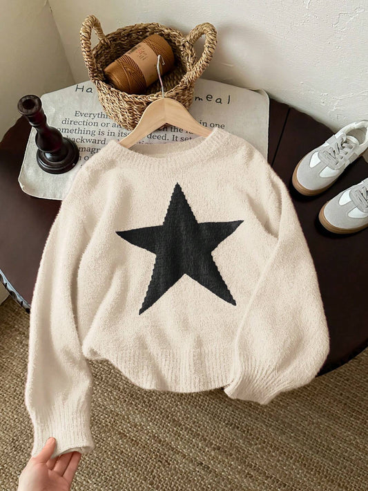 Tween Girl Star Pattern Round Neck Drop Shoulder Sweater, Sibling