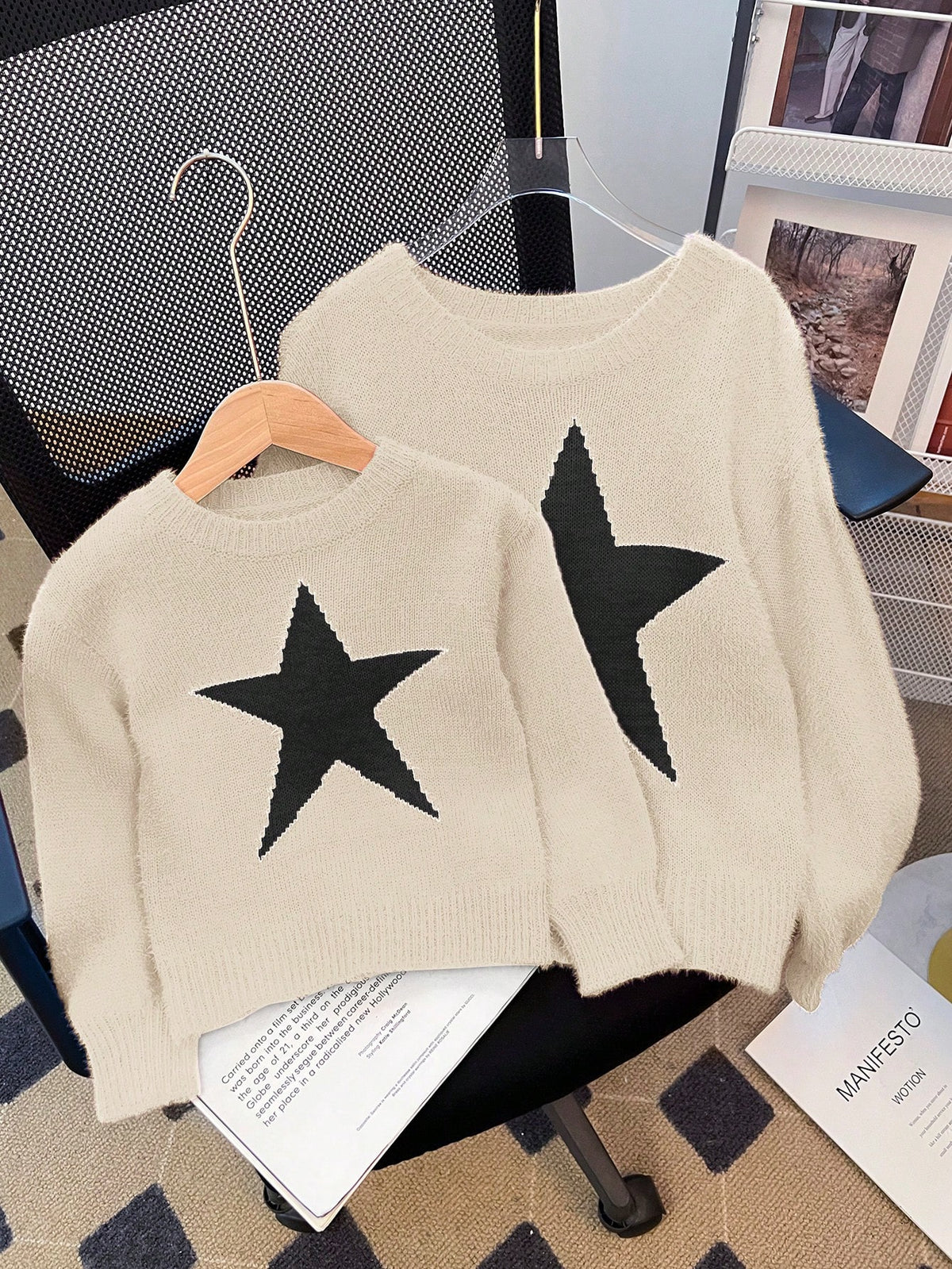 Tween Girl Star Pattern Round Neck Drop Shoulder Sweater, Sibling