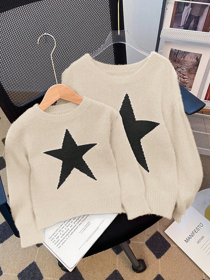 Tween Girl Star Pattern Round Neck Drop Shoulder Sweater, Sibling