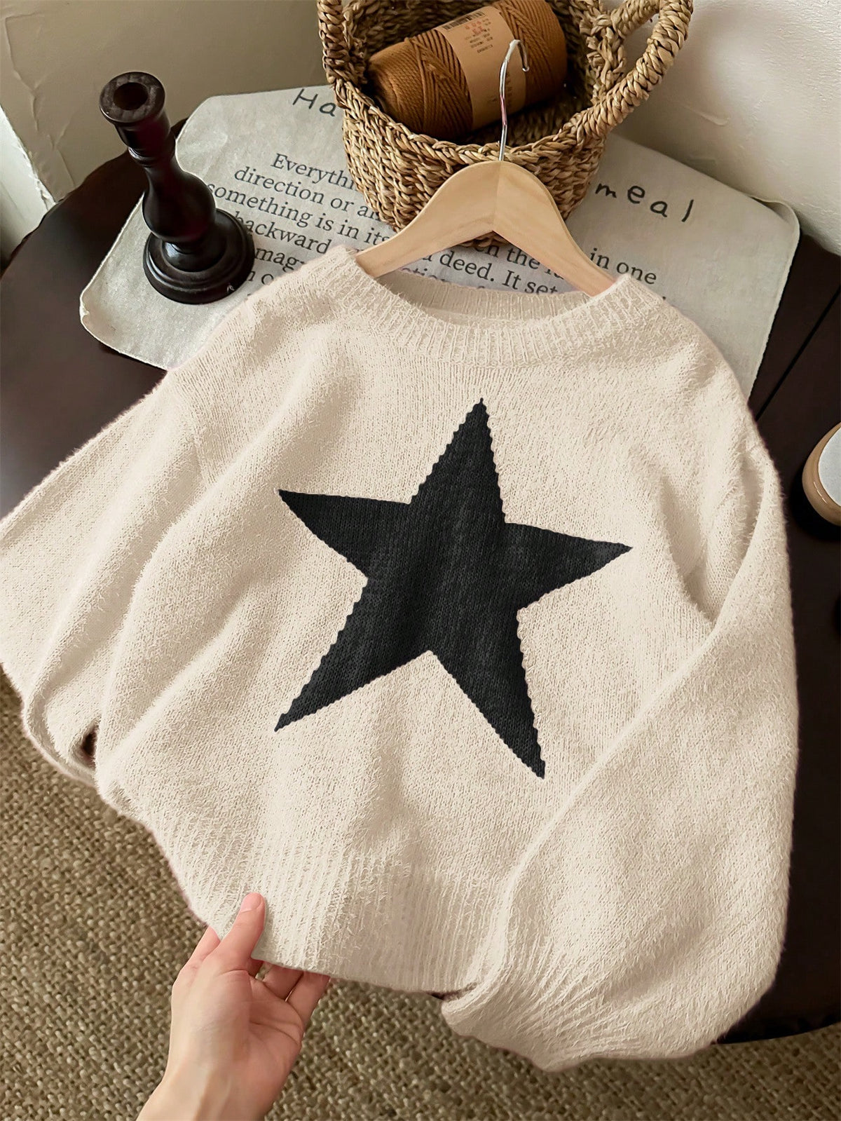Tween Girl Star Pattern Round Neck Drop Shoulder Sweater, Sibling
