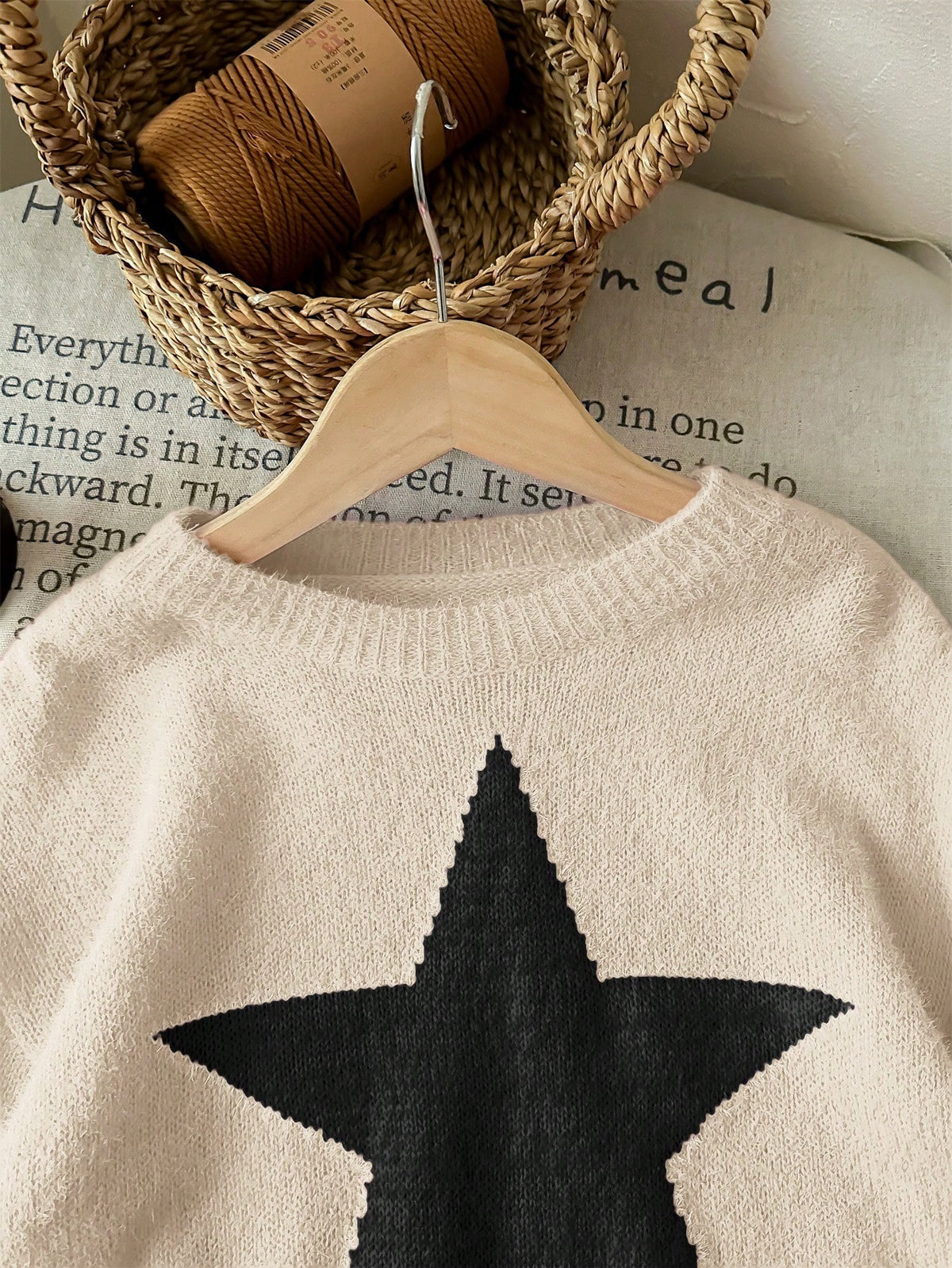 Tween Girl Star Pattern Round Neck Drop Shoulder Sweater, Sibling