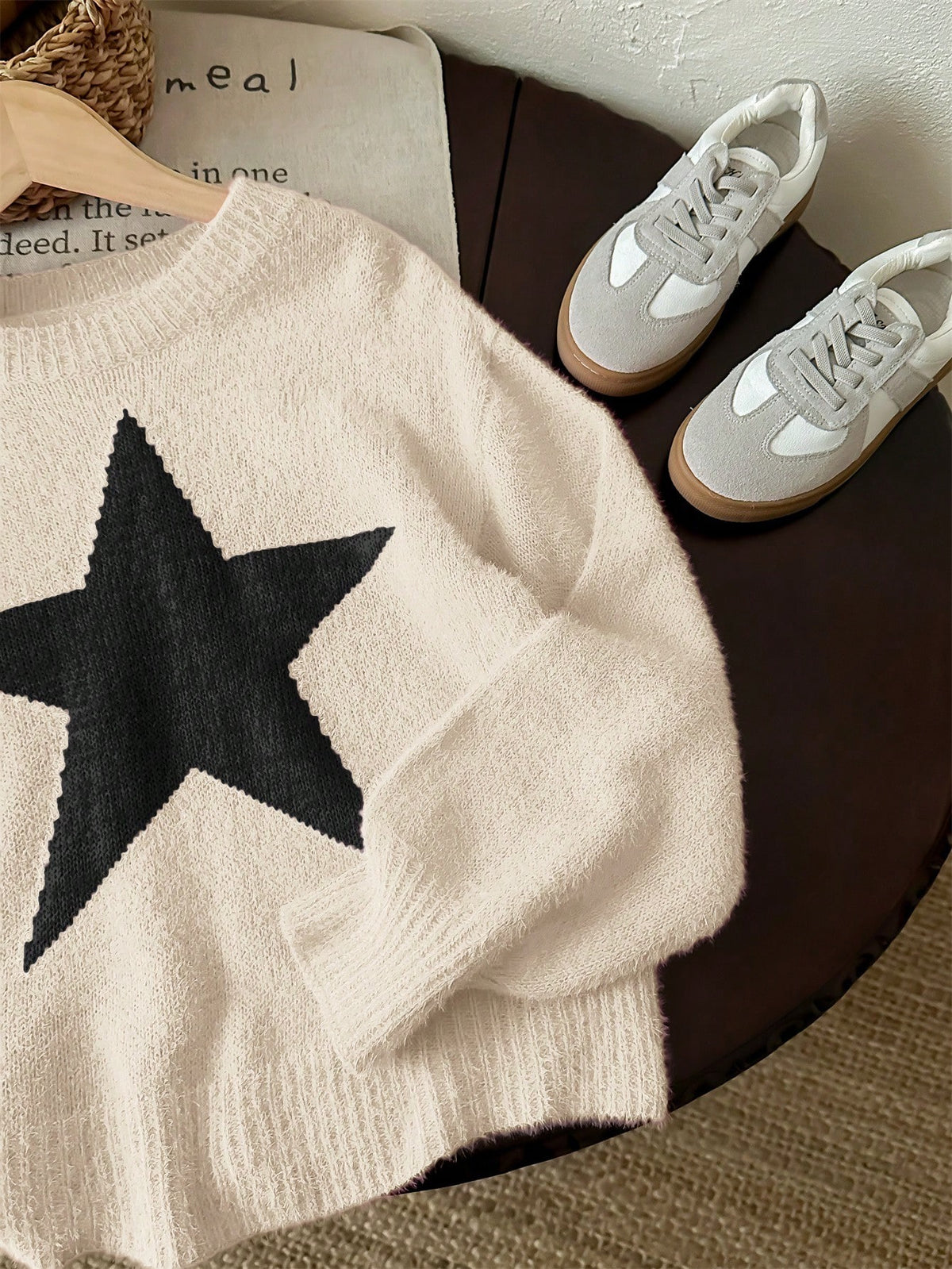 Tween Girl Star Pattern Round Neck Drop Shoulder Sweater, Sibling