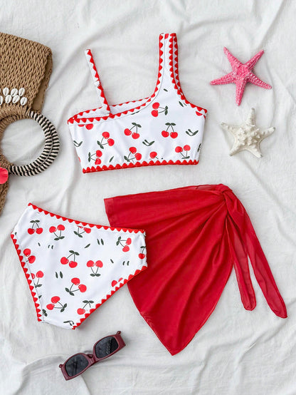 Tween Girl Three Pieces Swimwear Set Cherry Print Bikini With Beach Skirt, Tween Girl