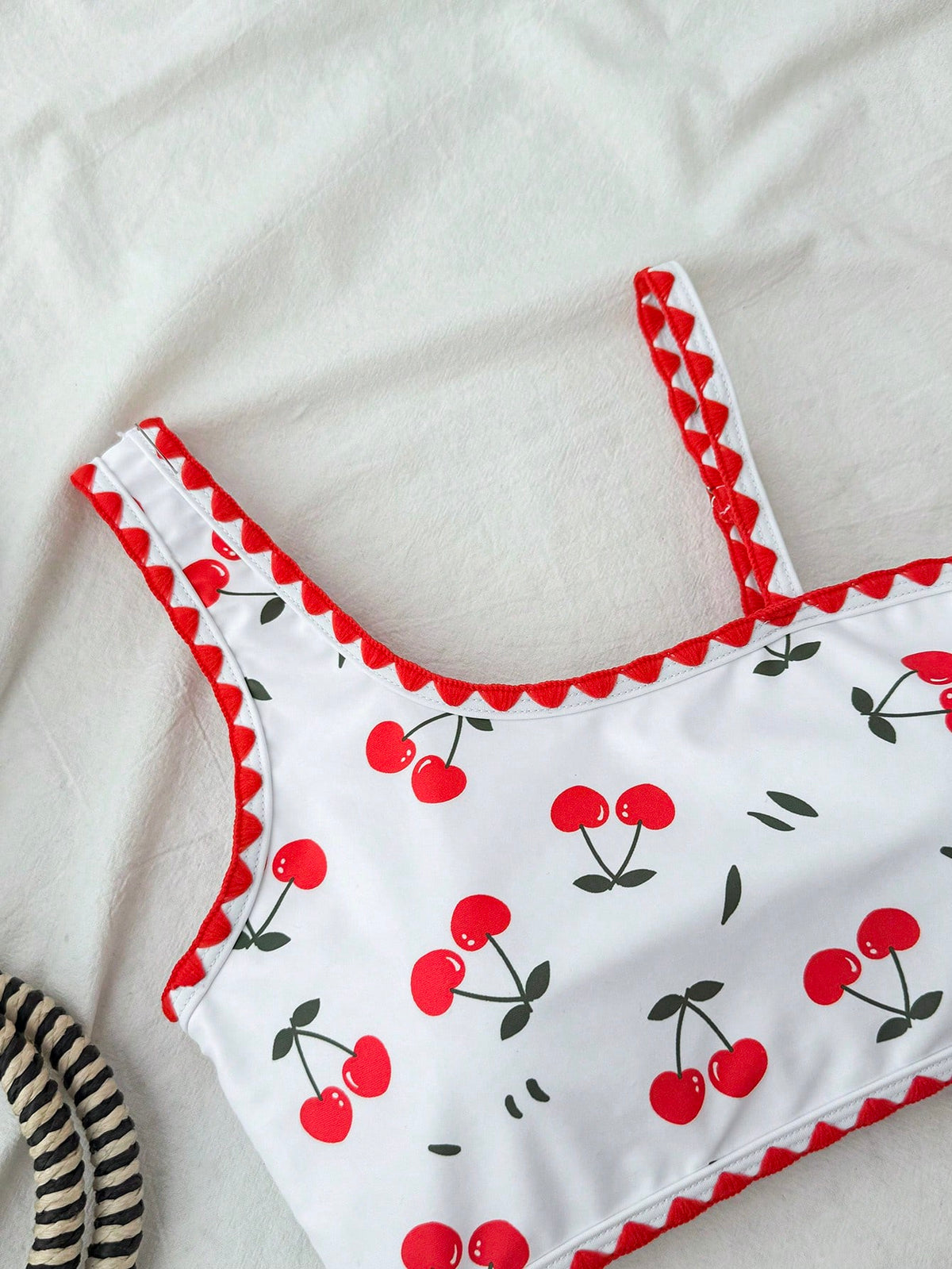 Tween Girl Three Pieces Swimwear Set Cherry Print Bikini With Beach Skirt, Tween Girl