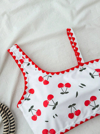 Tween Girl Three Pieces Swimwear Set Cherry Print Bikini With Beach Skirt, Tween Girl
