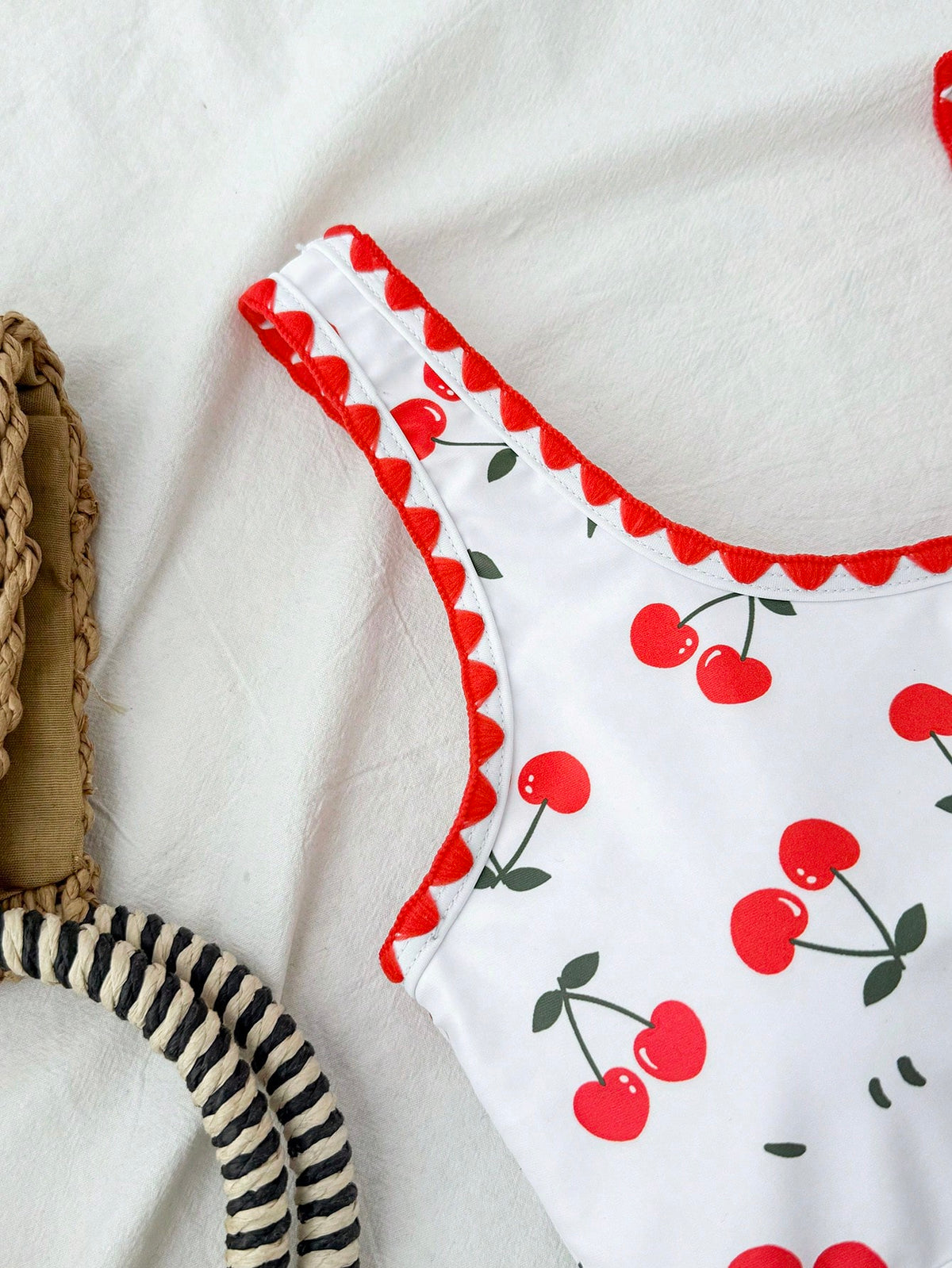 Tween Girl Three Pieces Swimwear Set Cherry Print Bikini With Beach Skirt, Tween Girl