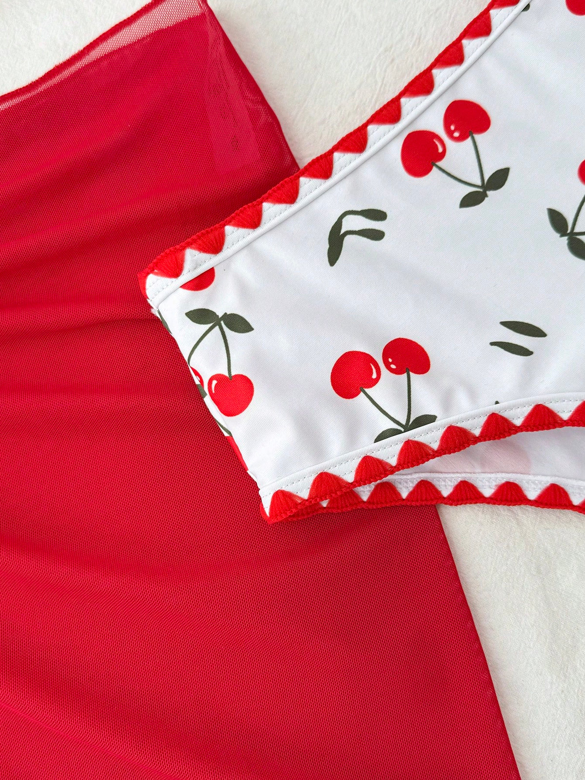Tween Girl Three Pieces Swimwear Set Cherry Print Bikini With Beach Skirt, Tween Girl