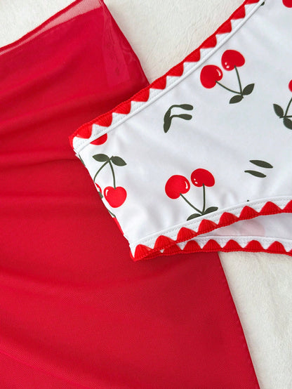 Tween Girl Three Pieces Swimwear Set Cherry Print Bikini With Beach Skirt, Tween Girl