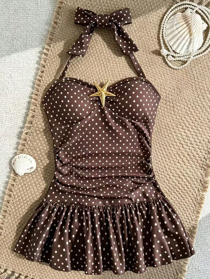 Tween Girls Solid Color Thin Strap Bowknot Starfish Backless One-Piece Swimsuit, Cute Summer Beach Vintage Polka Dot Print Metal Starfish Decor One-Piece Swimsuit Children's Swimwear Girls Swims