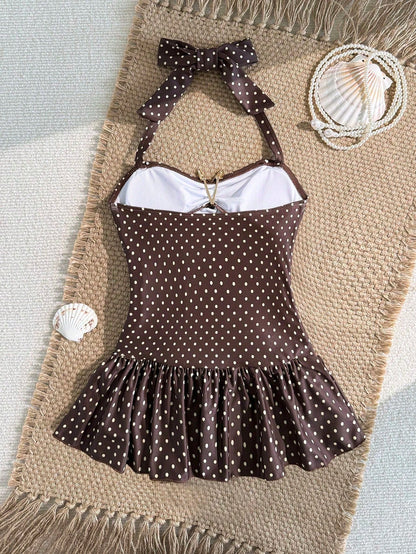 Tween Girls Solid Color Thin Strap Bowknot Starfish Backless One-Piece Swimsuit, Cute Summer Beach Vintage Polka Dot Print Metal Starfish Decor One-Piece Swimsuit Children's Swimwear Girls Swims