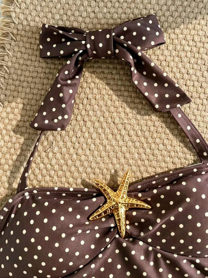 Tween Girls Solid Color Thin Strap Bowknot Starfish Backless One-Piece Swimsuit, Cute Summer Beach Vintage Polka Dot Print Metal Starfish Decor One-Piece Swimsuit Children's Swimwear Girls Swims