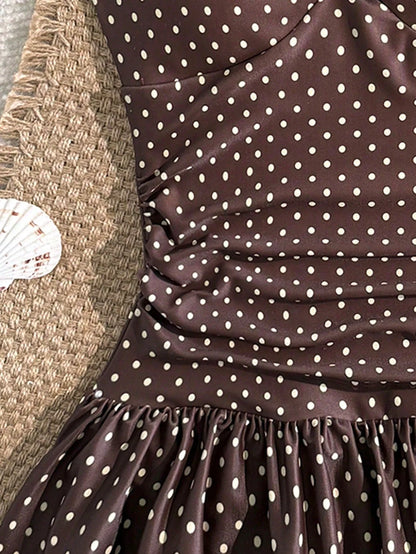 Tween Girls Solid Color Thin Strap Bowknot Starfish Backless One-Piece Swimsuit, Cute Summer Beach Vintage Polka Dot Print Metal Starfish Decor One-Piece Swimsuit Children's Swimwear Girls Swims