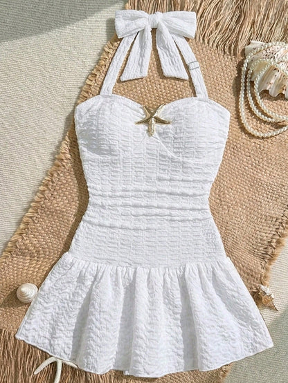 Tween Girls Solid Color Thin Strap Bowknot Starfish Backless One-Piece Swimsuit, Cute Summer Beach Vintage Polka Dot Print Metal Starfish Decor One-Piece Swimsuit Children's Swimwear Girls Swims