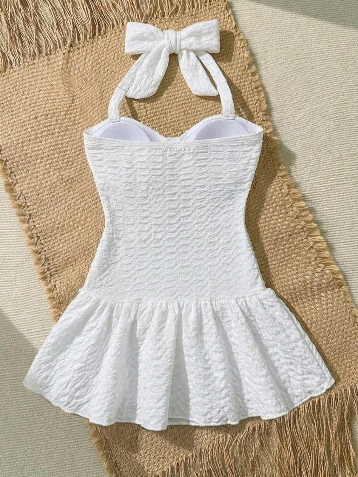Tween Girls Solid Color Thin Strap Bowknot Starfish Backless One-Piece Swimsuit, Cute Summer Beach Vintage Polka Dot Print Metal Starfish Decor One-Piece Swimsuit Children's Swimwear Girls Swims