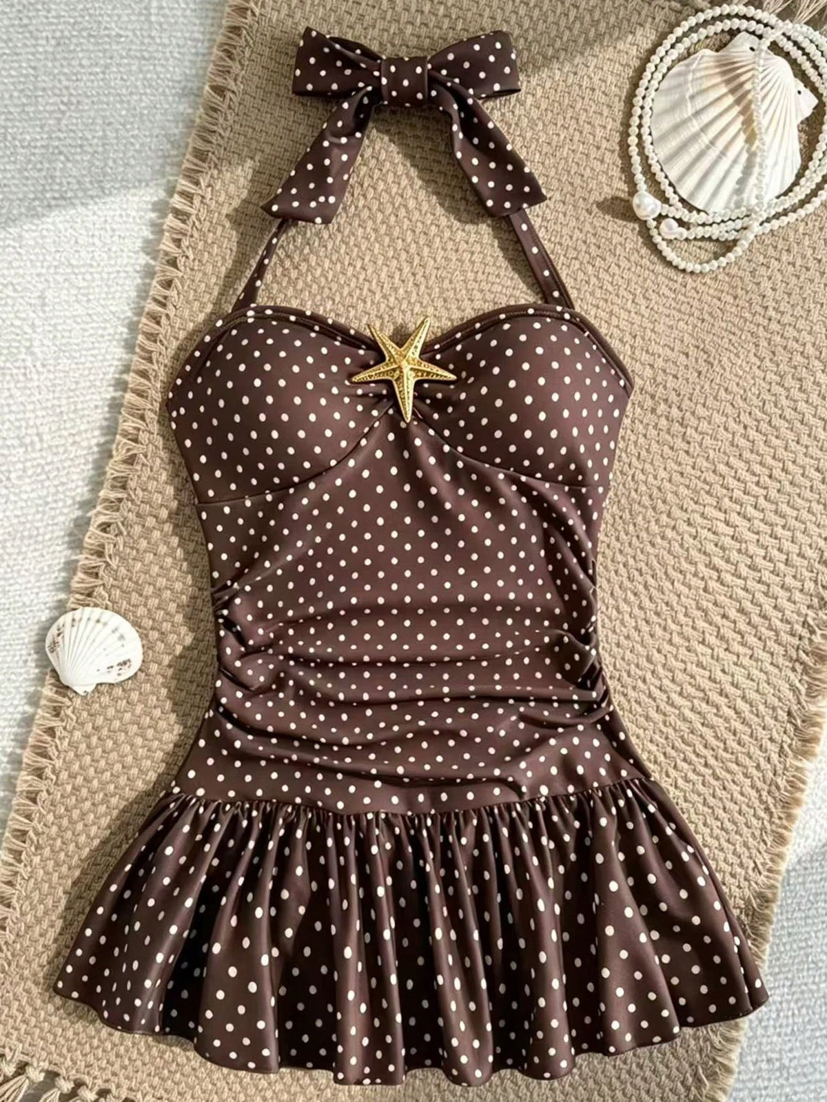 Tween Girls Solid Color Thin Strap Bowknot Starfish Backless One-Piece Swimsuit, Cute Summer Beach Vintage Polka Dot Print Metal Starfish Decor One-Piece Swimsuit Children's Swimwear Girls Swims