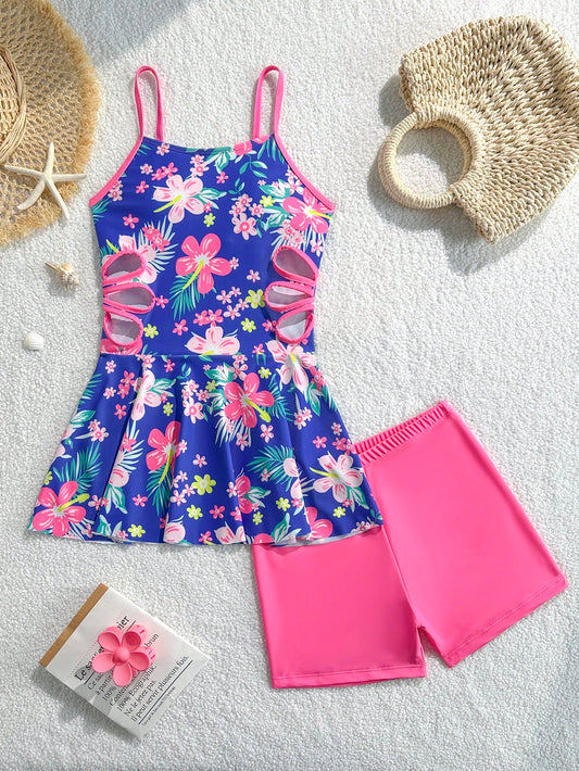 Tween Girls Tankini 2 Pieces Swimsuit Set Blue Pink Floral Spaghetti Strap Sleeveless Top With Waist Cutout Pink Bikini Bottom Anti-Exposure Y2K Style Suitable For Swimming Holiday Vacation Spri