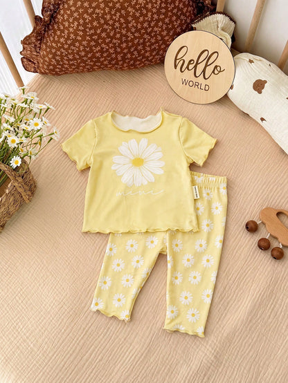 Two Pieces Set Of Newborn Baby Girl Daisy Print T-Shirts And Shorts, Perfect For Summer.