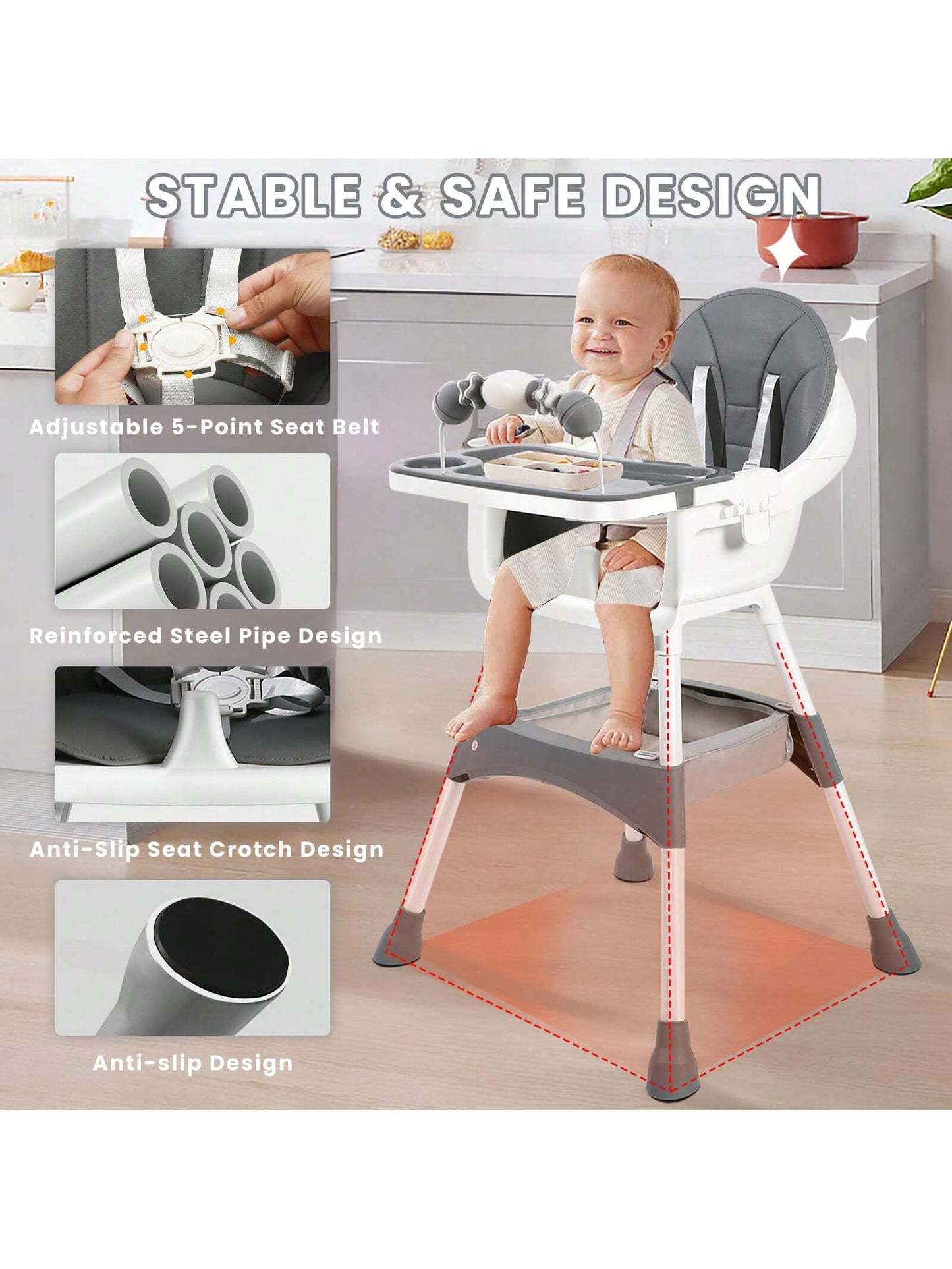Ubravoo Baby High Chair, Height Adjustable, Convertible High/Low Chair,With Detachable Tray Seat Belt Footrest And Toy Rack,Growing From 6- 36 Months