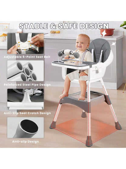 Ubravoo Baby High Chair, Height Adjustable, Convertible High/Low Chair,With Detachable Tray Seat Belt Footrest And Toy Rack,Growing From 6- 36 Months