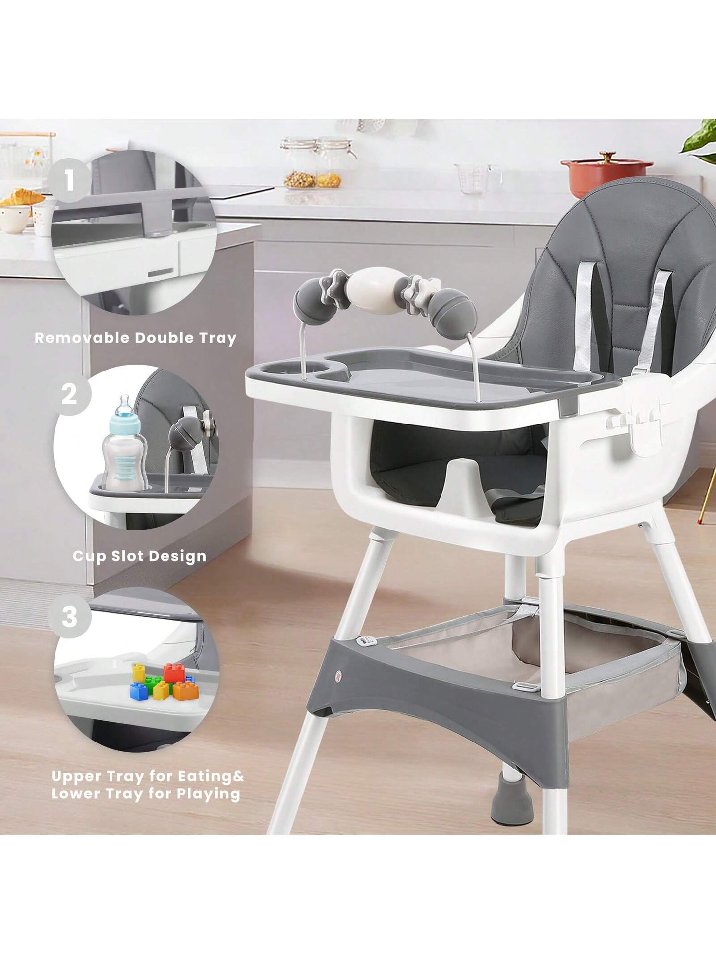 Ubravoo Baby High Chair, Height Adjustable, Convertible High/Low Chair,With Detachable Tray Seat Belt Footrest And Toy Rack,Growing From 6- 36 Months