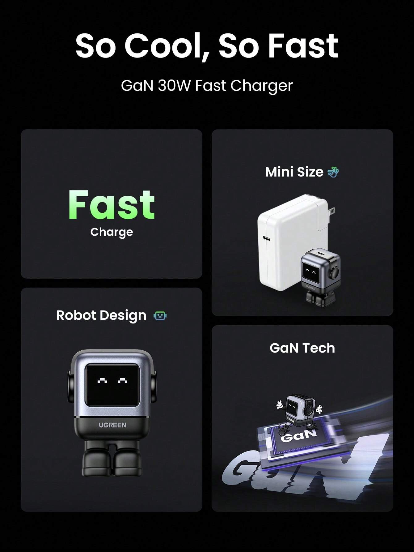 UGREEN RG 30W PD USB C Fast Robot GaN Charger Nexode Power Adapter Compatible With IPhone 16/15 Pro Max Galaxy S25 S24 S23 S22 Xiao Mi Suitable For Travel, Office, Dorm, And Home Nan