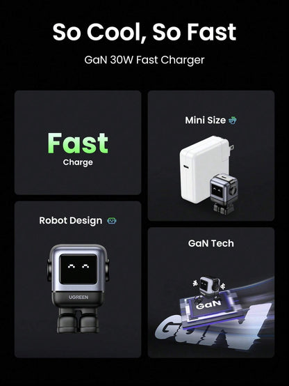 UGREEN RG 30W PD USB C Fast Robot GaN Charger Nexode Power Adapter Compatible With IPhone 16/15 Pro Max Galaxy S25 S24 S23 S22 Xiao Mi Suitable For Travel, Office, Dorm, And Home Nan