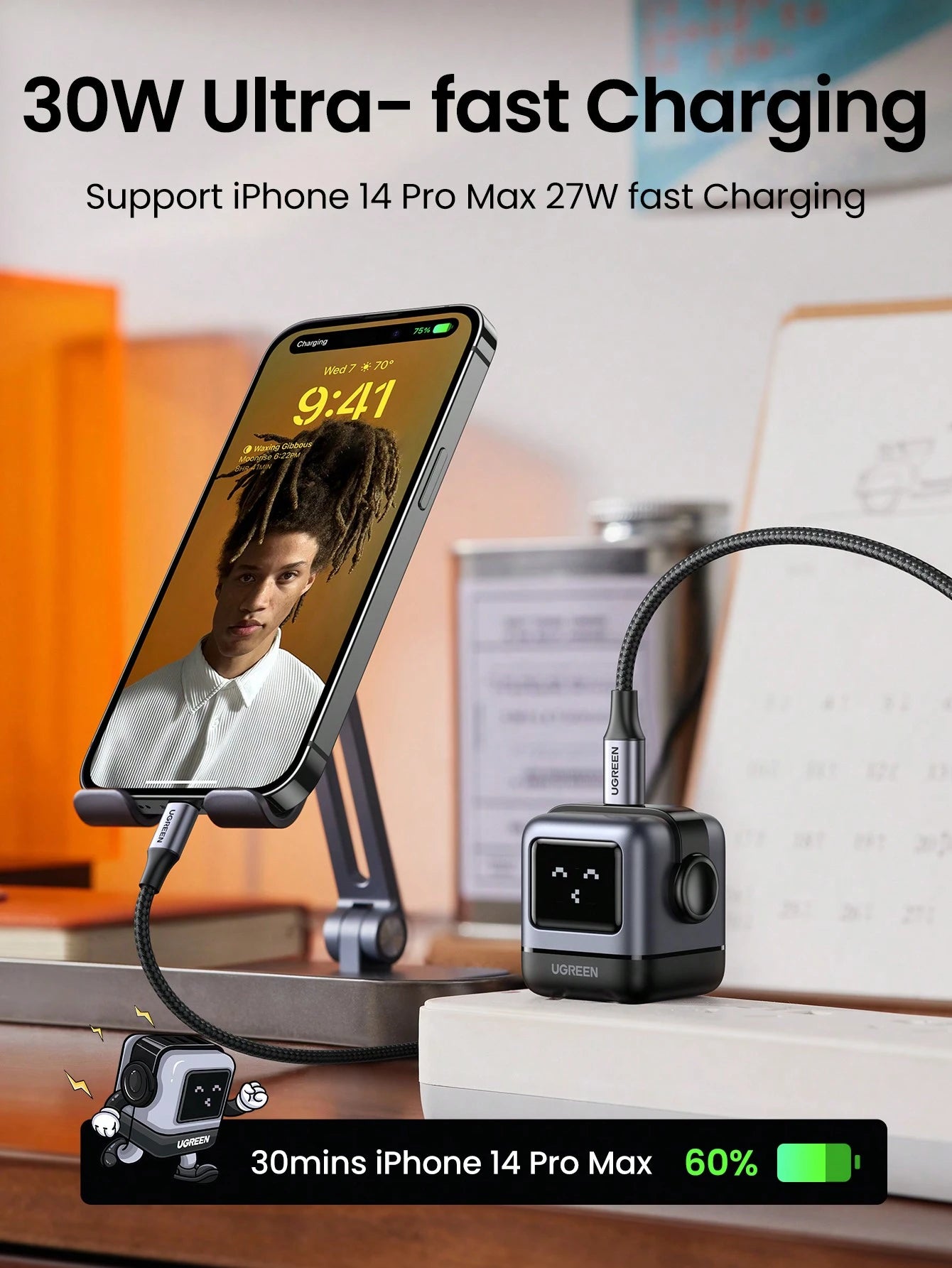 UGREEN RG 30W PD USB C Fast Robot GaN Charger Nexode Power Adapter Compatible With IPhone 16/15 Pro Max Galaxy S25 S24 S23 S22 Xiao Mi Suitable For Travel, Office, Dorm, And Home Nan
