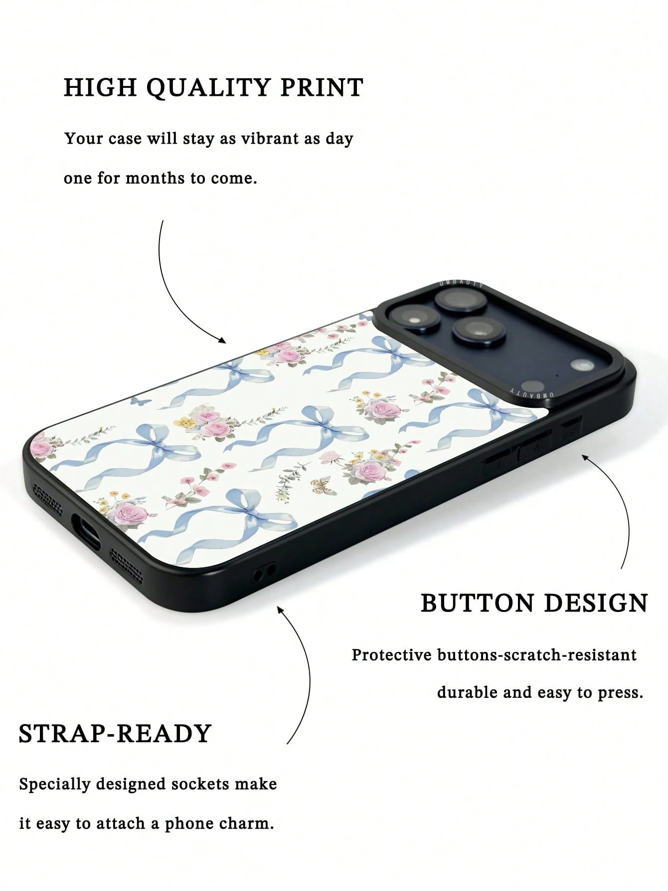 UMBAUTY 1pc Bow & Pink Rose Pattern Design, Phone 17 Pro Max Phone Case, Compatible With Phone 16 Pro Max, 15 Pro Max, 14 Pro Max, Korean-Style High-End Fashion & Fun Phone Case, Compatible With 11/12
