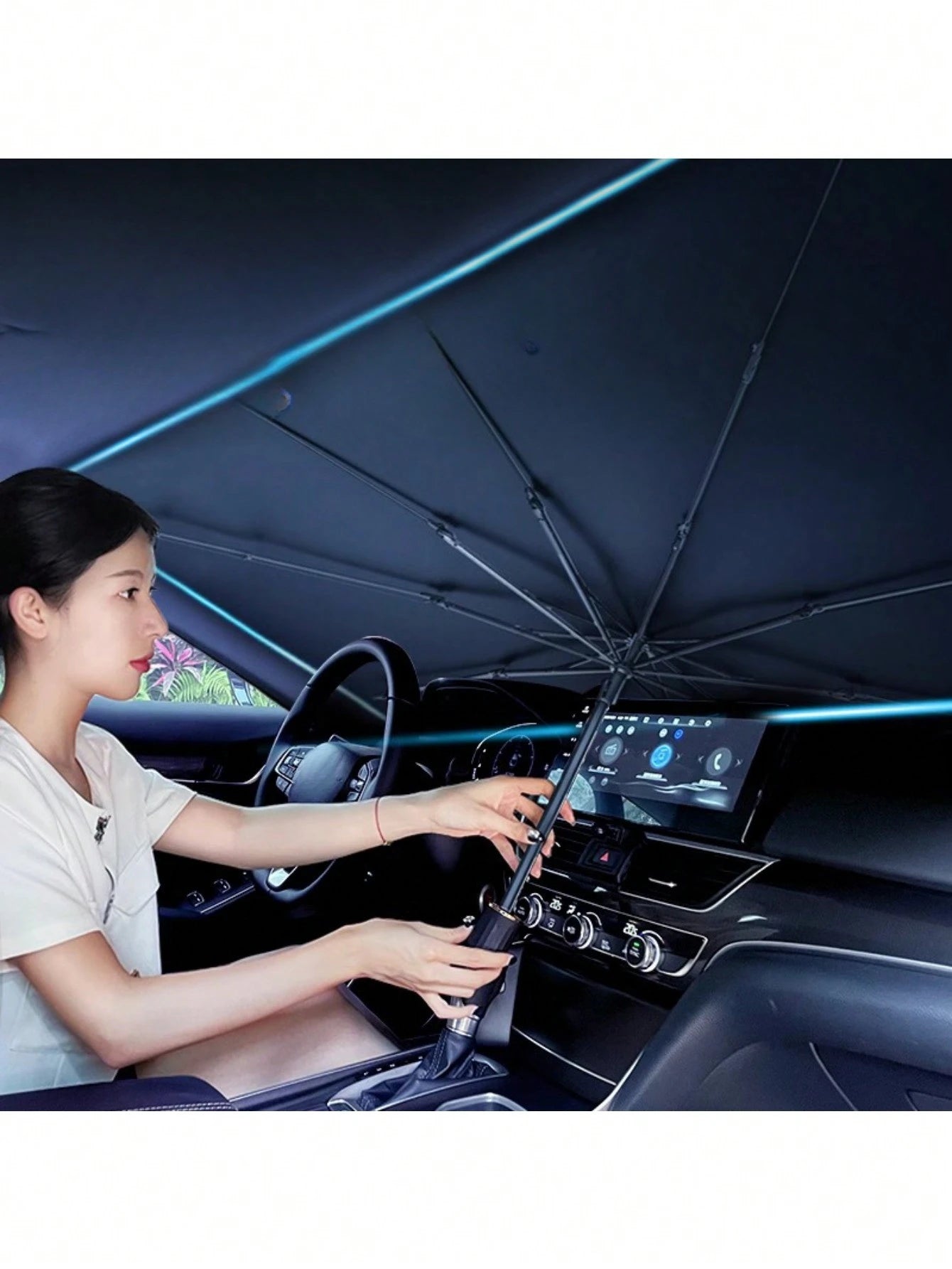 Umbrella-Shaped Car Front Windshield Sun Shade, UV Protection, Foldable Heat Insulation Board, 140*80cm