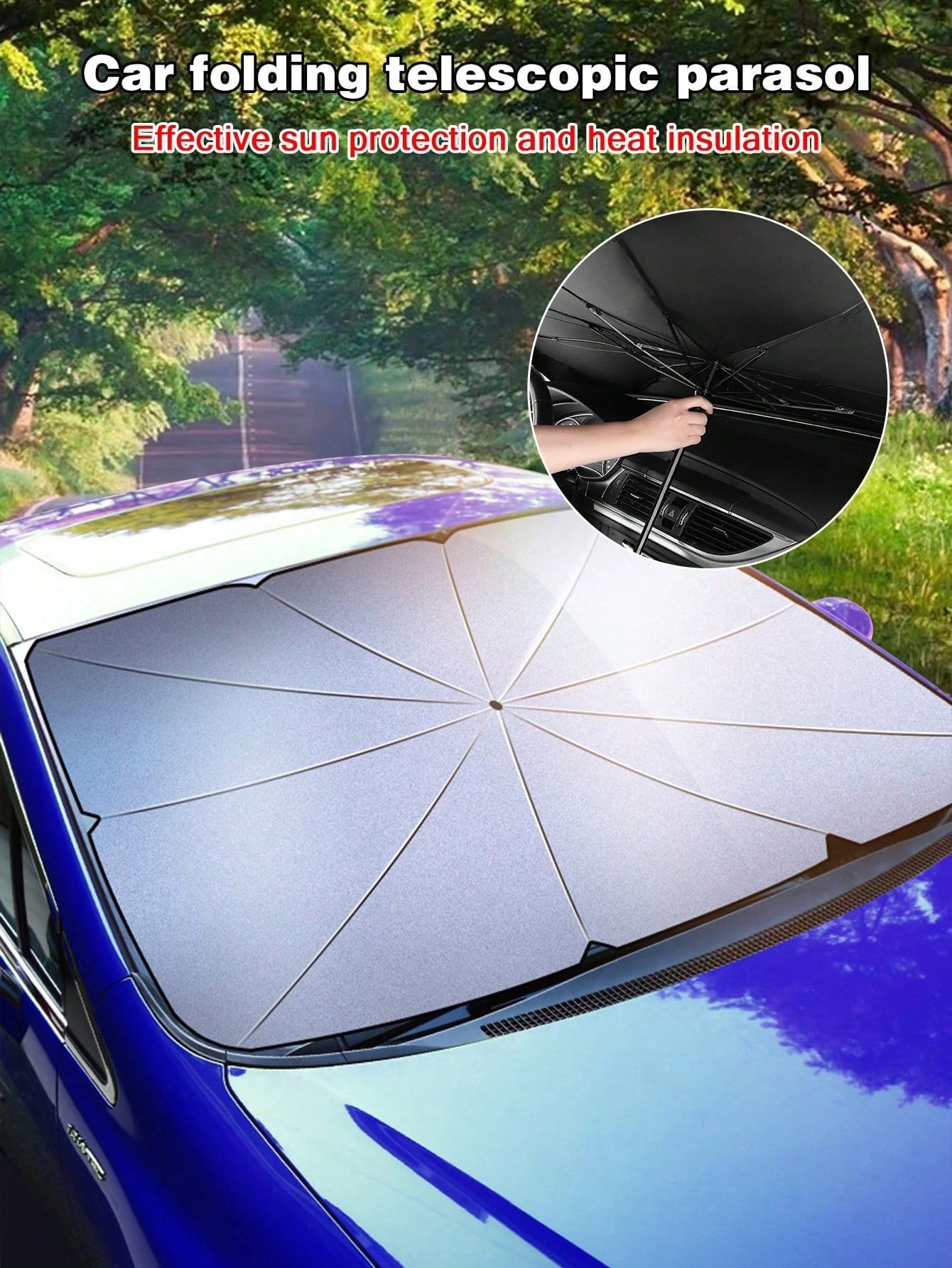 Umbrella-Shaped Car Front Windshield Sun Shade, UV Protection, Foldable Heat Insulation Board, 140*80cm