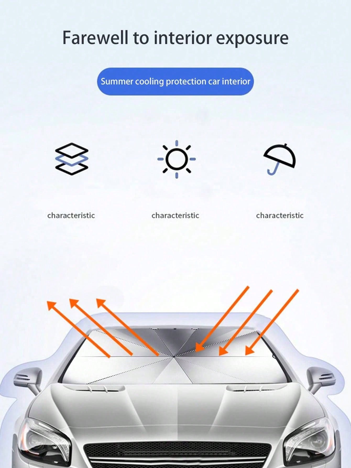 Umbrella-Shaped Car Front Windshield Sun Shade, UV Protection, Foldable Heat Insulation Board, 140*80cm
