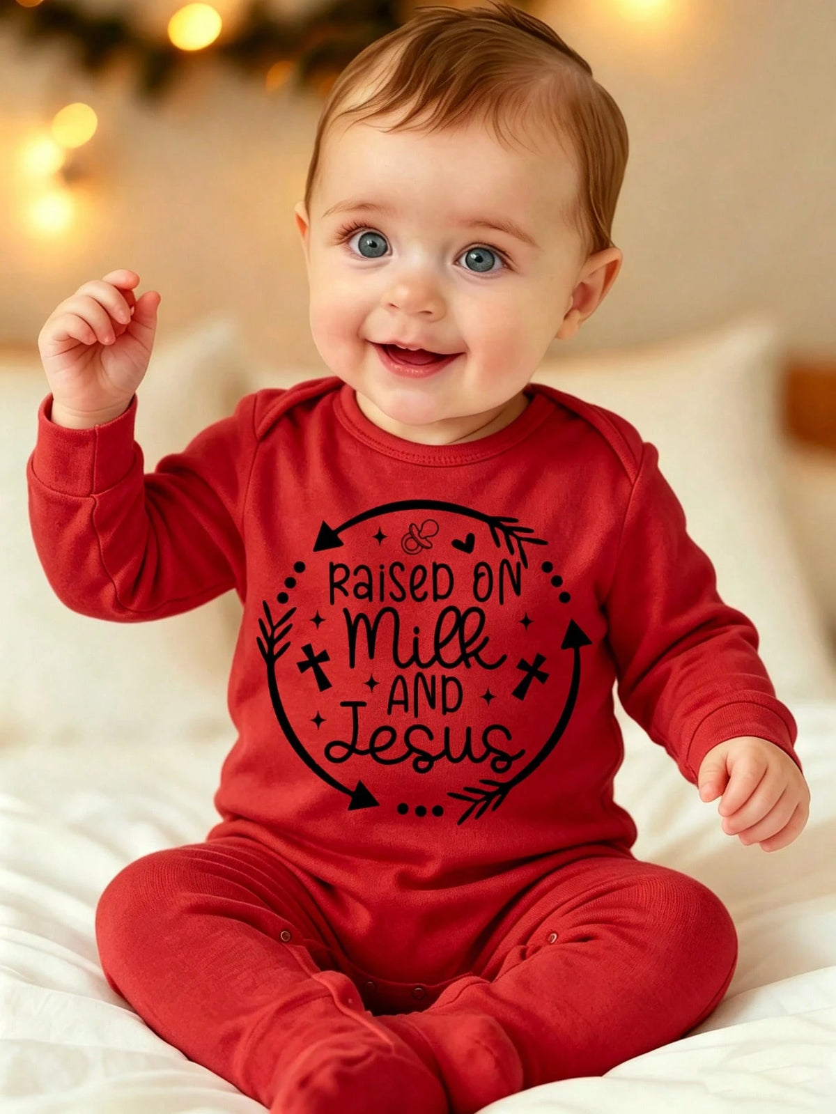 Unisex Baby Footed Romper Raised On Milk And Jesus Arrow Cross Letter Print Long Sleeve Newborn Footie Jumpsuit Infant Autumn One Piece Outfit