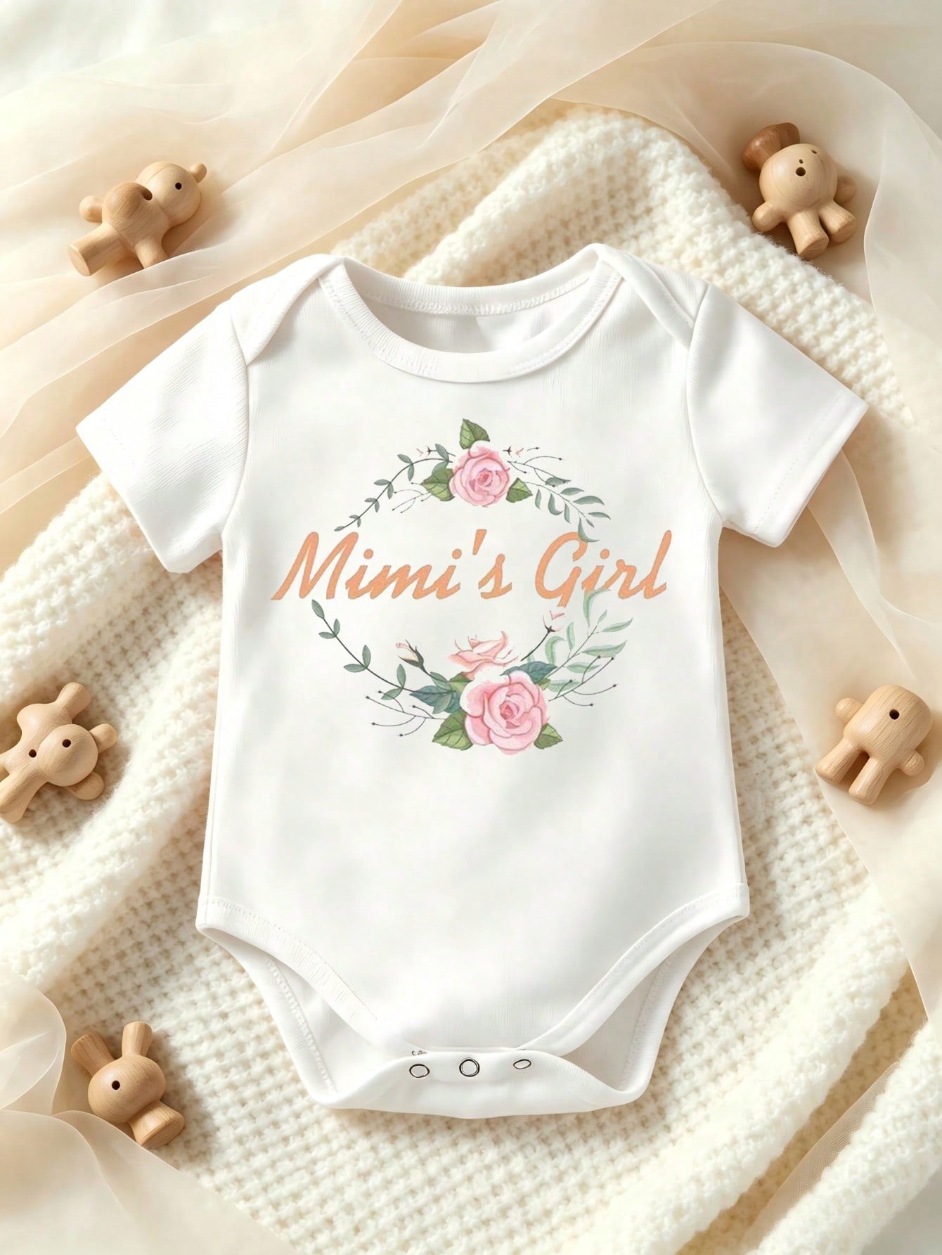 Unisex Baby Short Sleeve Bodysuit Mimi's Girl Watercolor Rose Floral Wreath Letter Print Newborn Triangle Romper Infant Summer One Piece Outfit