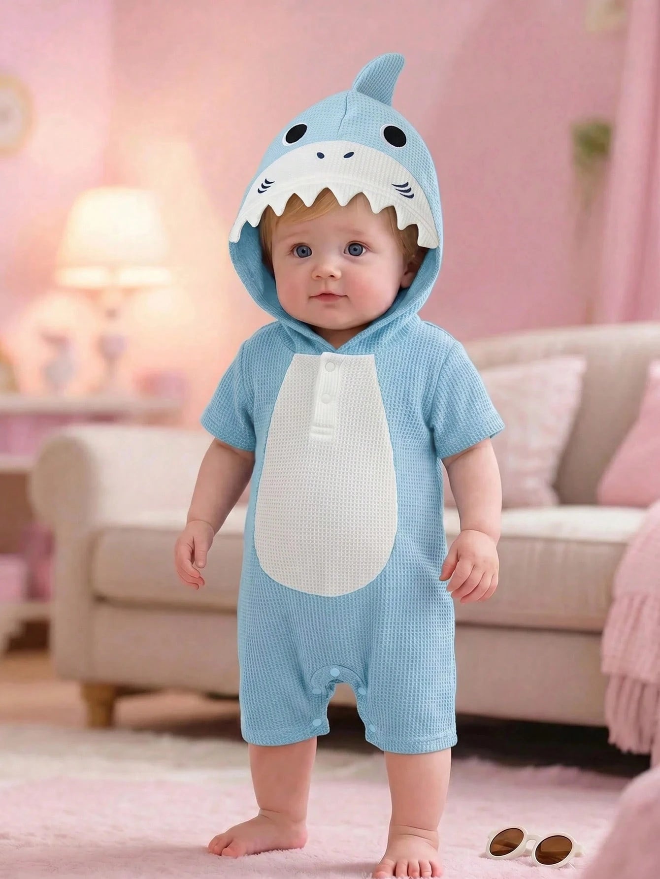 Unisex Newborn Baby Boy Baby Girl Cute 3D Big Ear Design Hooded Short Sleeve Romper Bodysuit, Baby Outfit Set