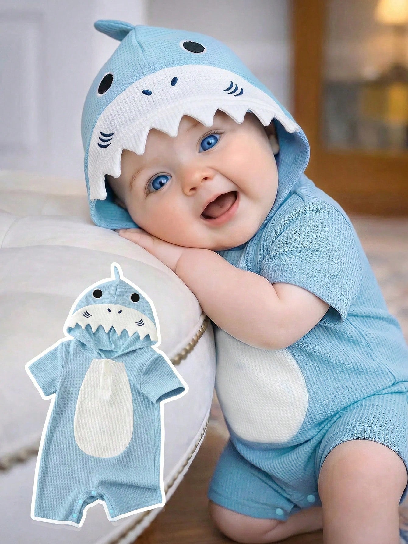 Unisex Newborn Baby Boy Baby Girl Cute 3D Big Ear Design Hooded Short Sleeve Romper Bodysuit, Baby Outfit Set