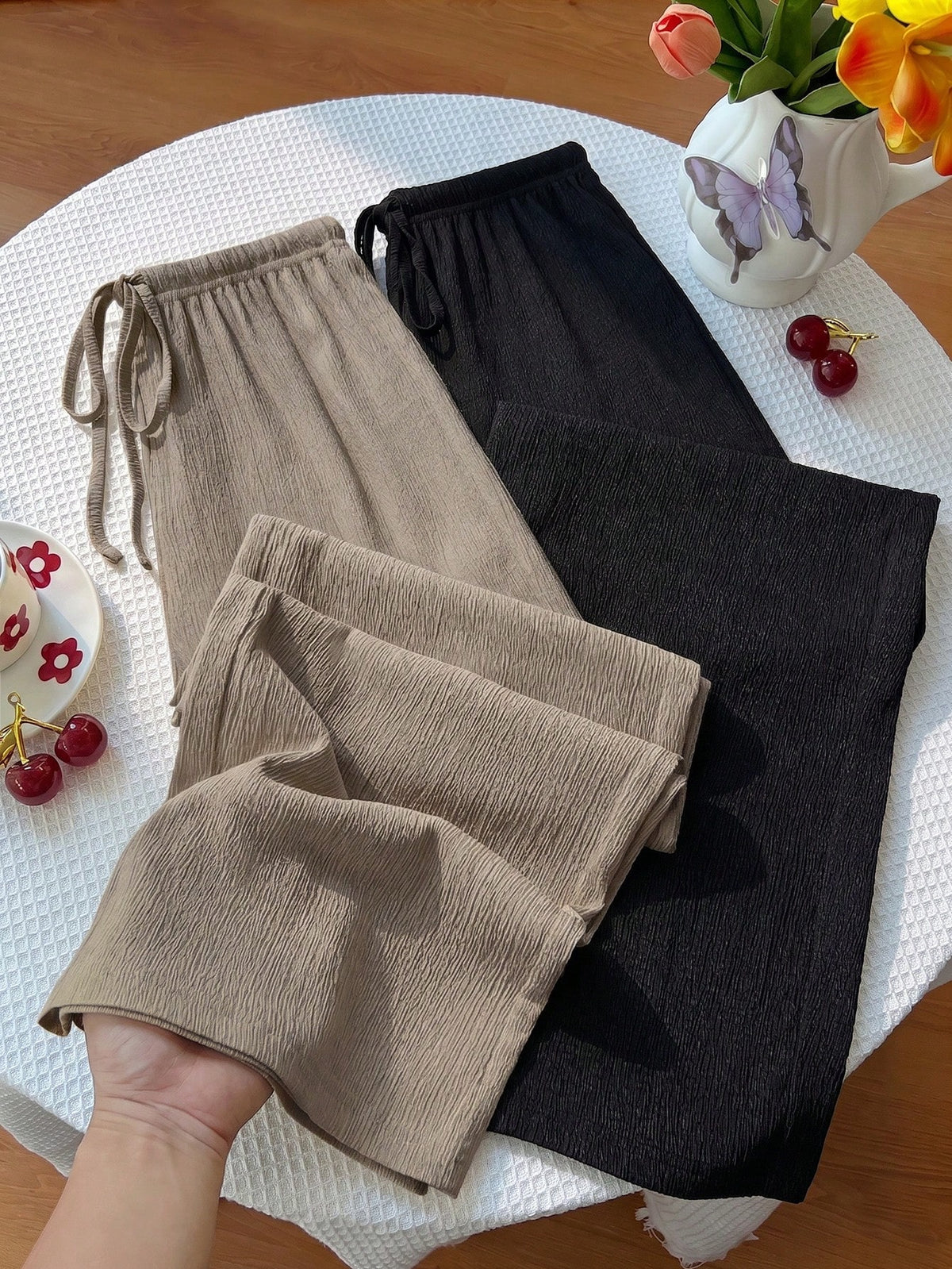 Unity Y2K Casual Vacation Versatile Collegiate Textured Wide Leg Pants