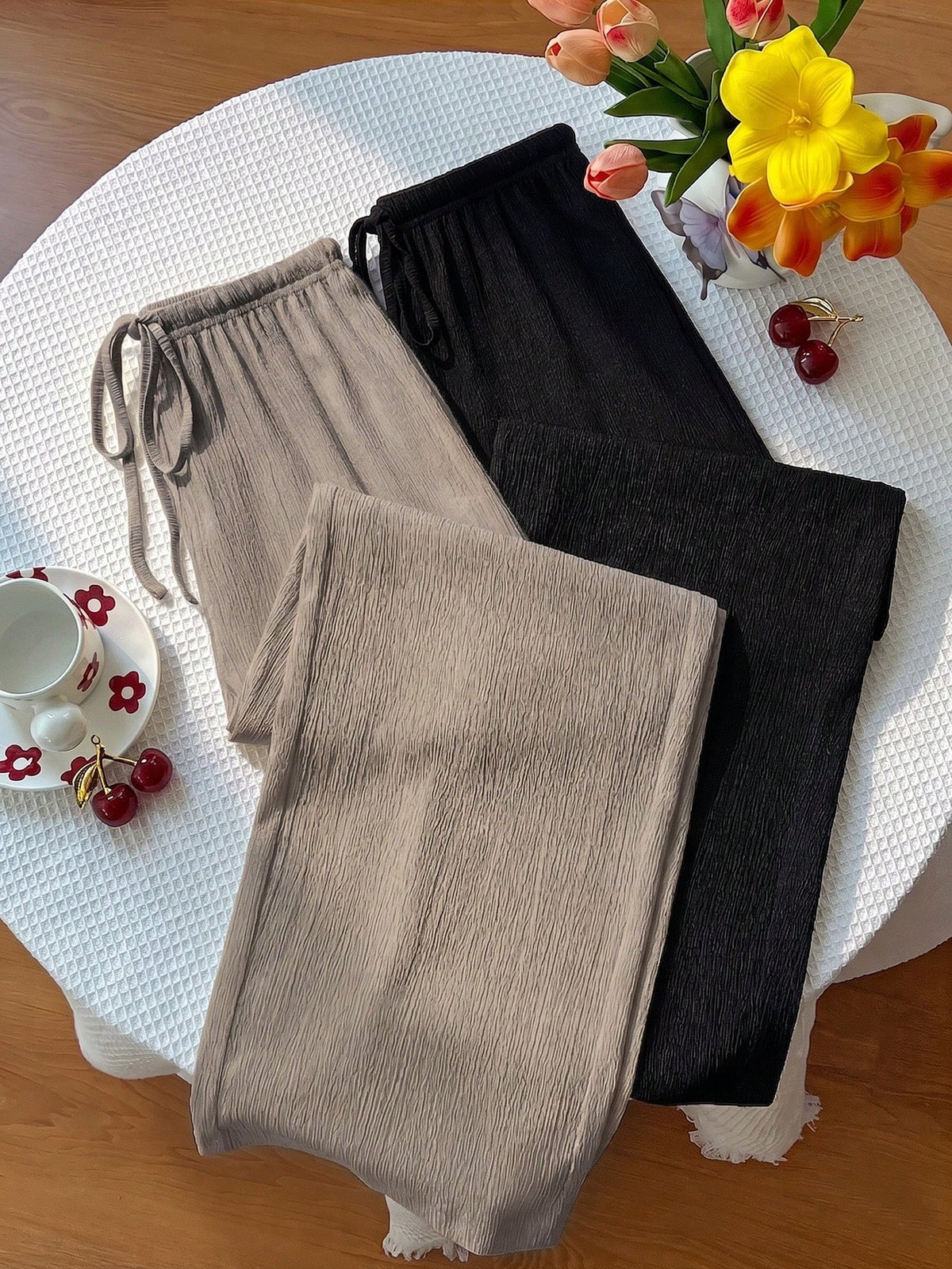 Unity Y2K Casual Vacation Versatile Collegiate Textured Wide Leg Pants