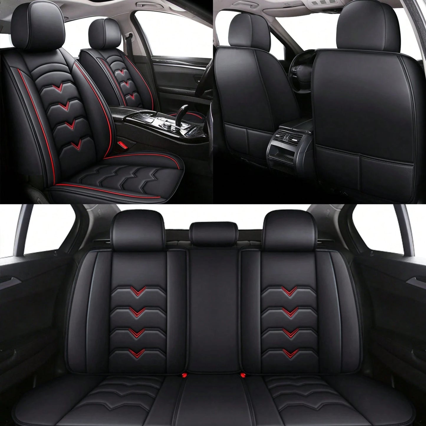 Universal Car Seat Covers Full Set PU Leather 5 Seats Front Rear Seat Cushion Waterproof Breathable Automotive Seat Protectors Airbag Compatible Easy To Install Fit For Most Cars Sedans SUVs Hatchback