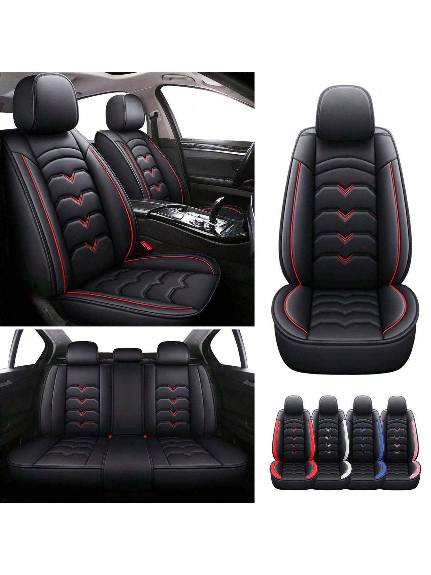 Universal Car Seat Covers Full Set PU Leather 5 Seats Front Rear Seat Cushion Waterproof Breathable Automotive Seat Protectors Airbag Compatible Easy To Install Fit For Most Cars Sedans SUVs Hatchback