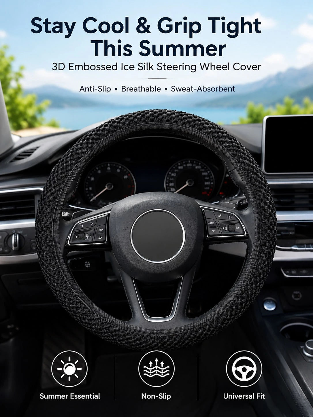 Universal Ice Silk Mesh Steering Wheel Cover With 3D Massage Grip, Breathable & Anti-Slip For All Seasons,Elastic Steering Wheel Cover, Warm In Winter And Cool In Summer(Fits 15 Inch/ 38cm Wheels),St