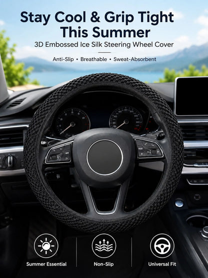Universal Ice Silk Mesh Steering Wheel Cover With 3D Massage Grip, Breathable & Anti-Slip For All Seasons,Elastic Steering Wheel Cover, Warm In Winter And Cool In Summer(Fits 15 Inch/ 38cm Wheels),St