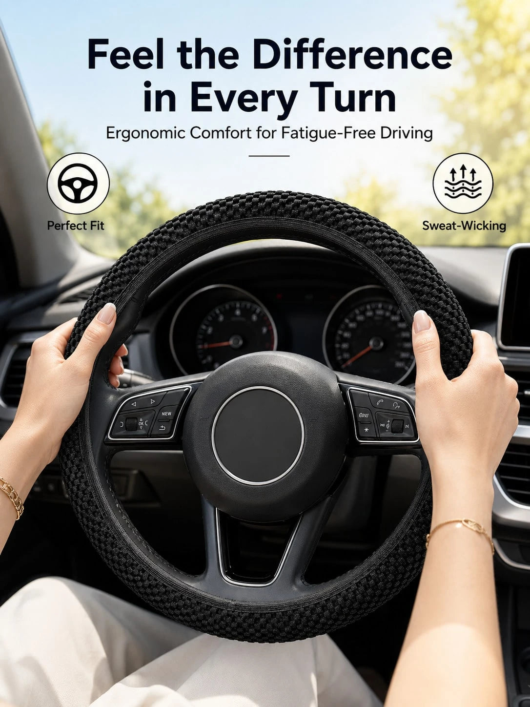 Universal Ice Silk Mesh Steering Wheel Cover With 3D Massage Grip, Breathable & Anti-Slip For All Seasons,Elastic Steering Wheel Cover, Warm In Winter And Cool In Summer(Fits 15 Inch/ 38cm Wheels),St