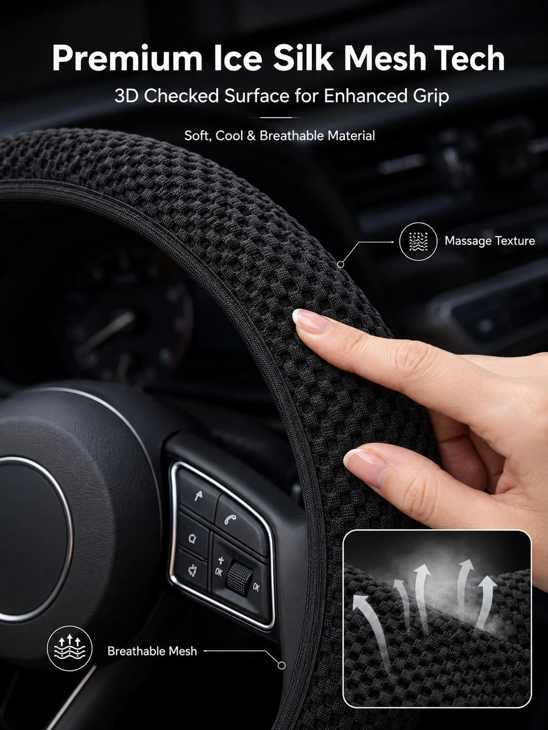 Universal Ice Silk Mesh Steering Wheel Cover With 3D Massage Grip, Breathable & Anti-Slip For All Seasons,Elastic Steering Wheel Cover, Warm In Winter And Cool In Summer(Fits 15 Inch/ 38cm Wheels),St