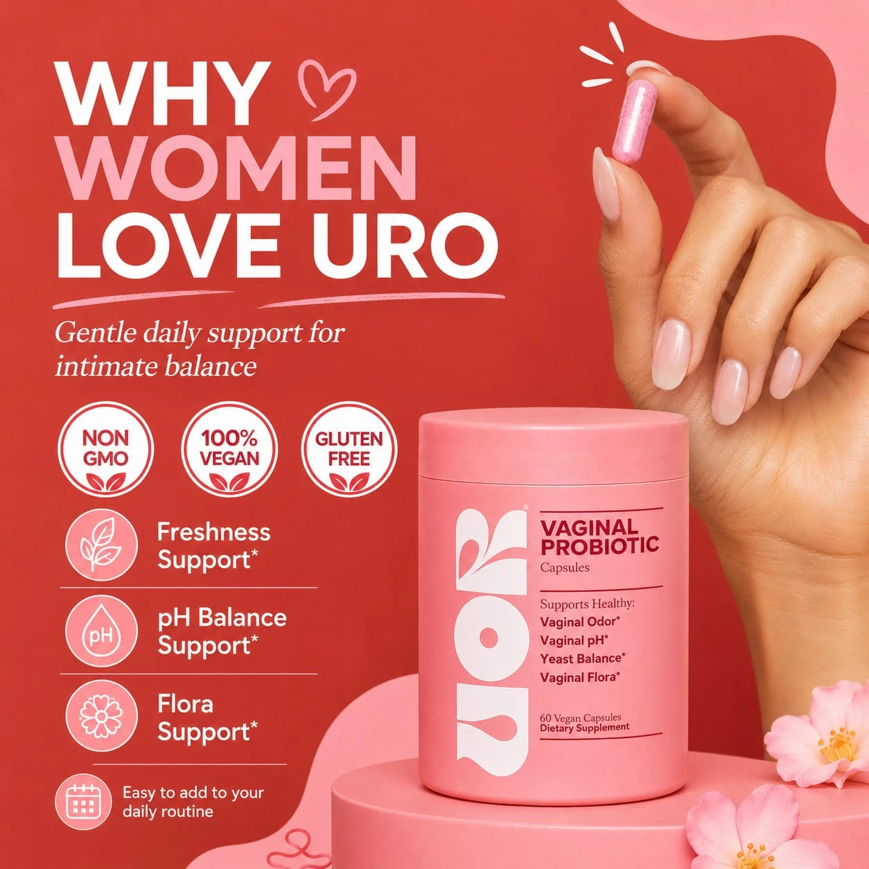 UOR Vaginal Probiotics For Women PH Balance With Prebiotics & Lactobacillus – Vaginal Health Supplement – Support Healthy Vaginal Odor & Flora, 60 Count (Pack Of 1), 1 Month Supply