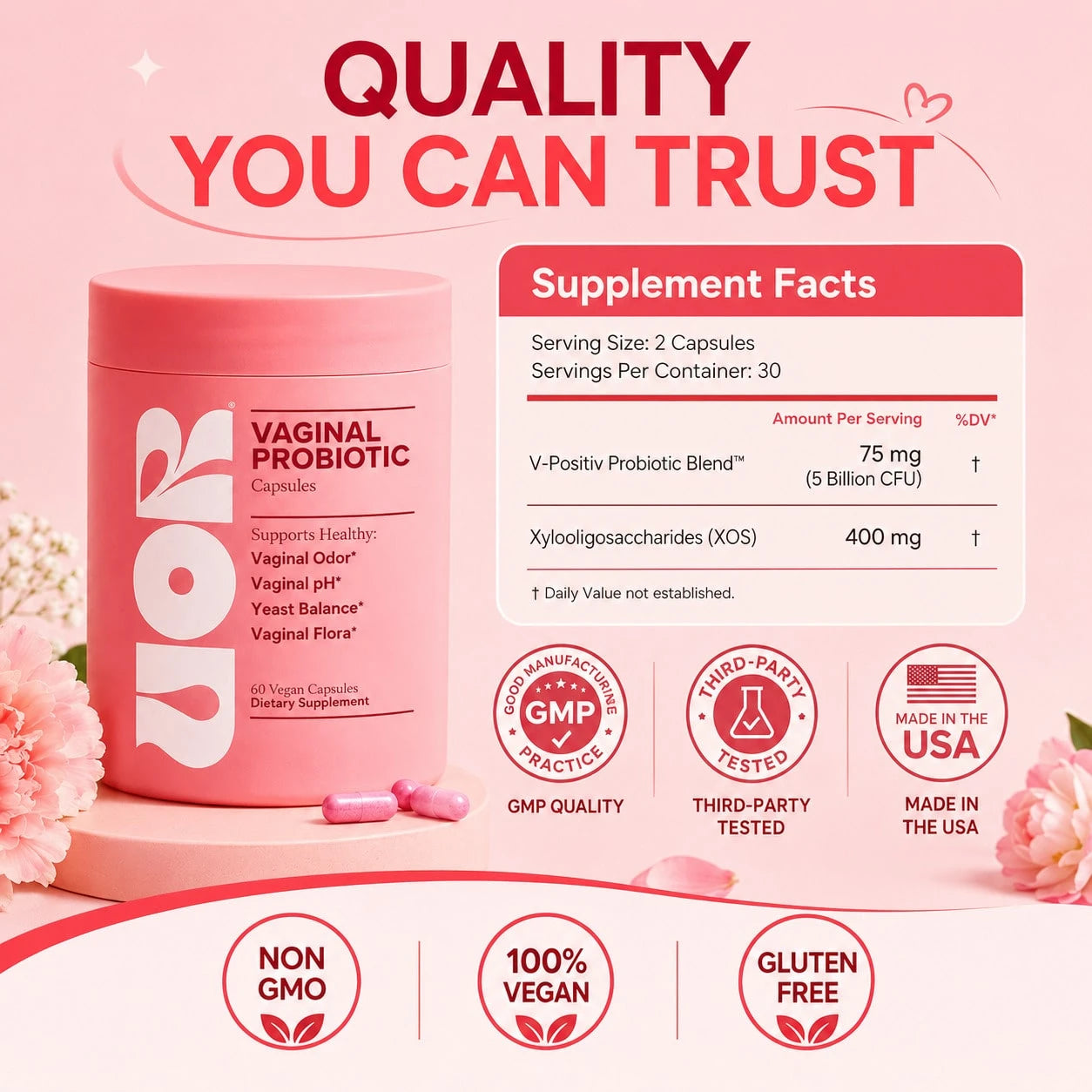 UOR Vaginal Probiotics For Women PH Balance With Prebiotics & Lactobacillus – Vaginal Health Supplement – Support Healthy Vaginal Odor & Flora, 60 Count (Pack Of 1), 1 Month Supply