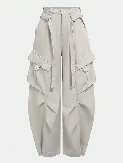 UREREM Women's Solid Color Woven Fabric Cargo Wide Leg Pants With Tassels, Suitable For Home, Travel, School, Spring, Summer, Autumn, Winter