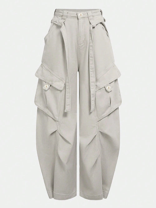 UREREM Women's Solid Color Woven Fabric Cargo Wide Leg Pants With Tassels, Suitable For Home, Travel, School, Spring, Summer, Autumn, Winter